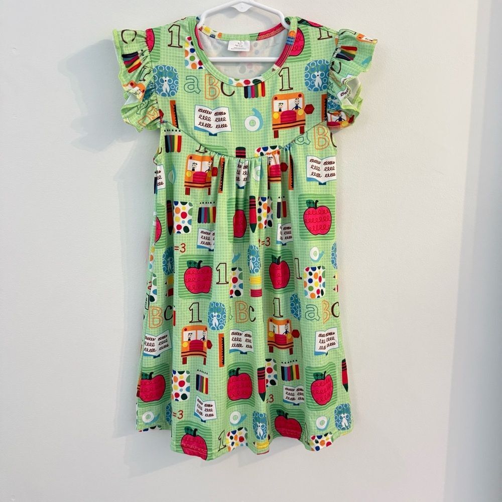 Girls Back to School Dress School Themed Kindergarten 5/6 Green Apples Pencils